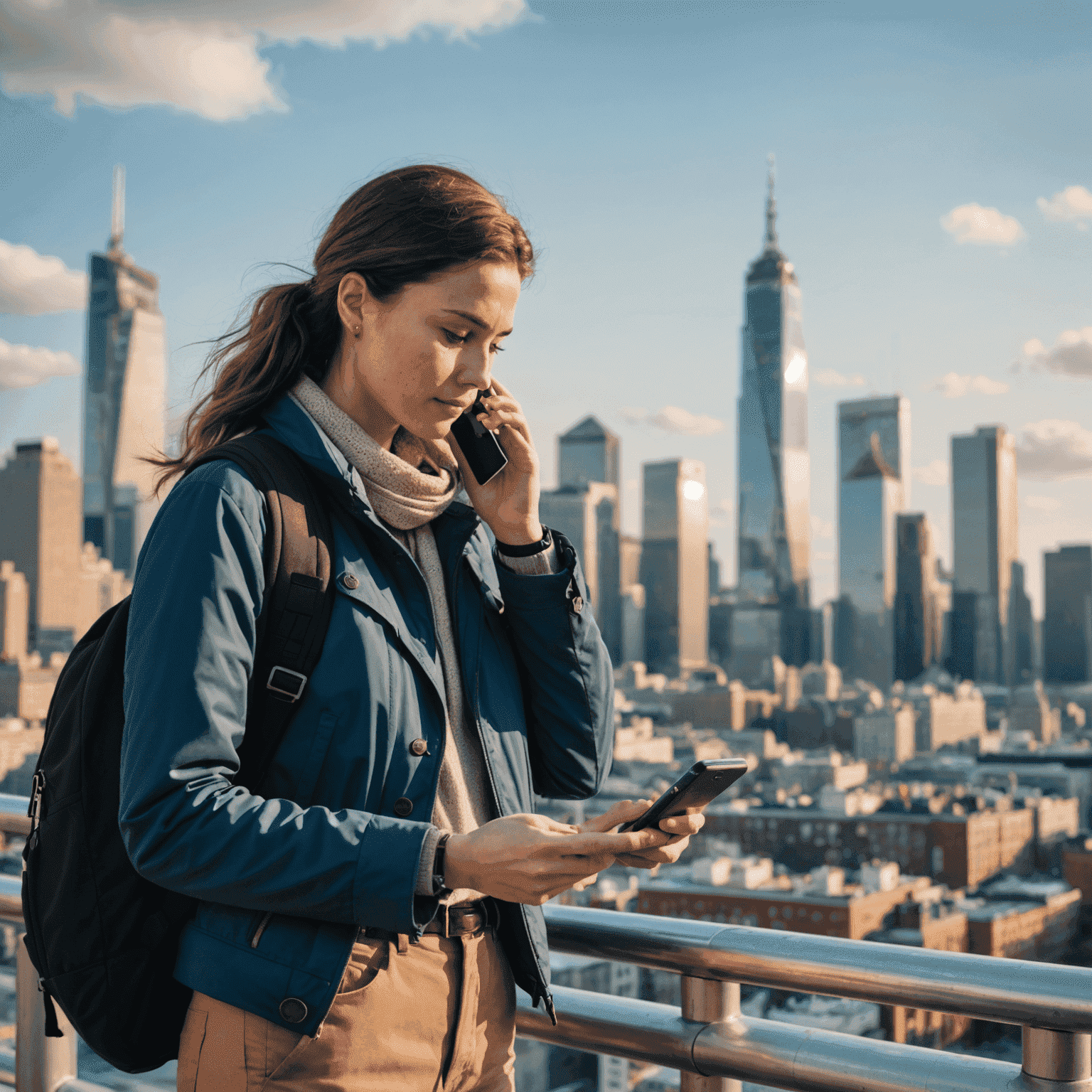 Traveler using mobile phone with city skyline in background