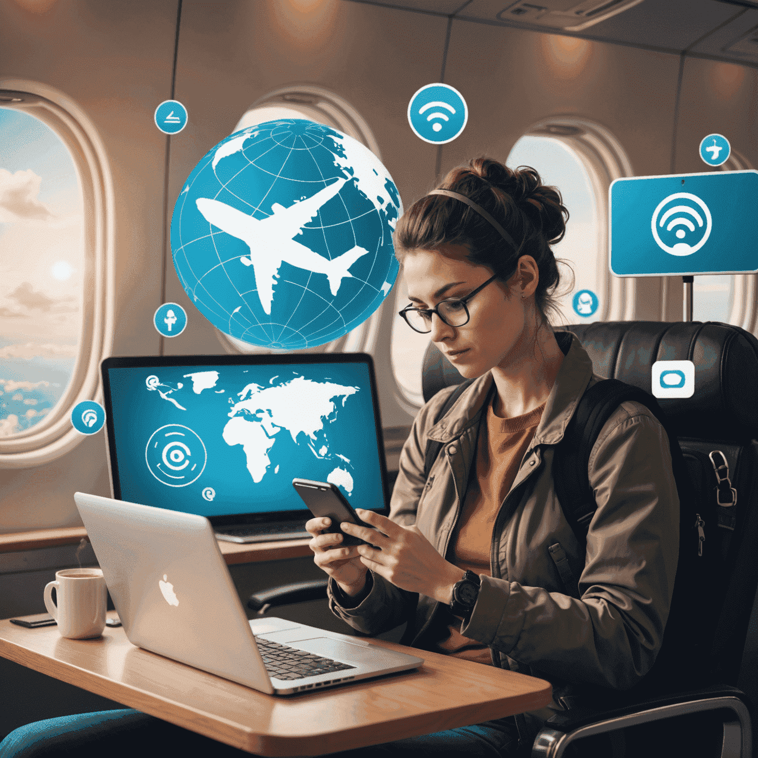 A person using a smartphone and laptop while traveling, with various travel-related icons in the background such as an airplane, globe, and wifi symbol