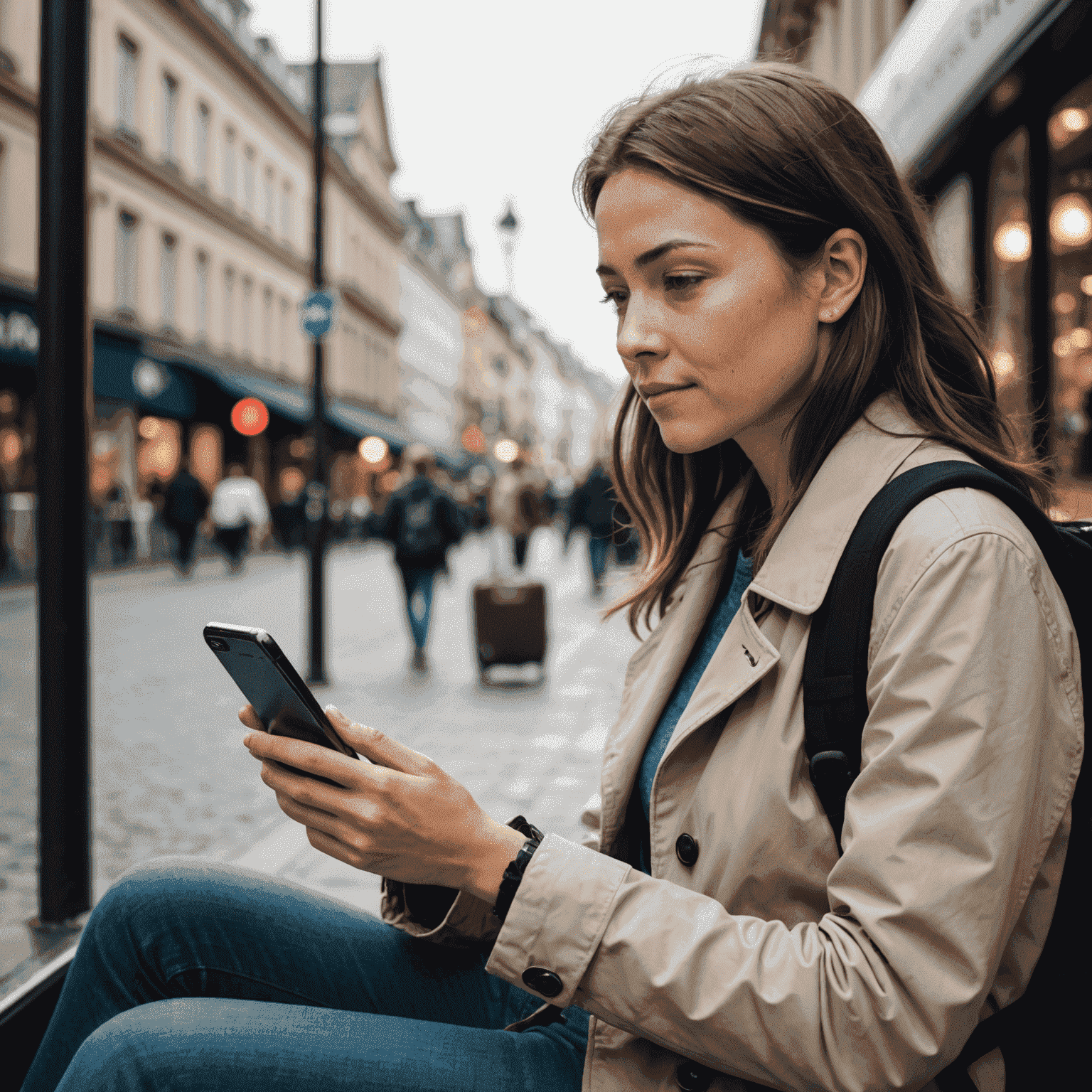 A person using a smartphone with a portable WiFi hotspot device while traveling internationally, staying connected to fast and reliable internet