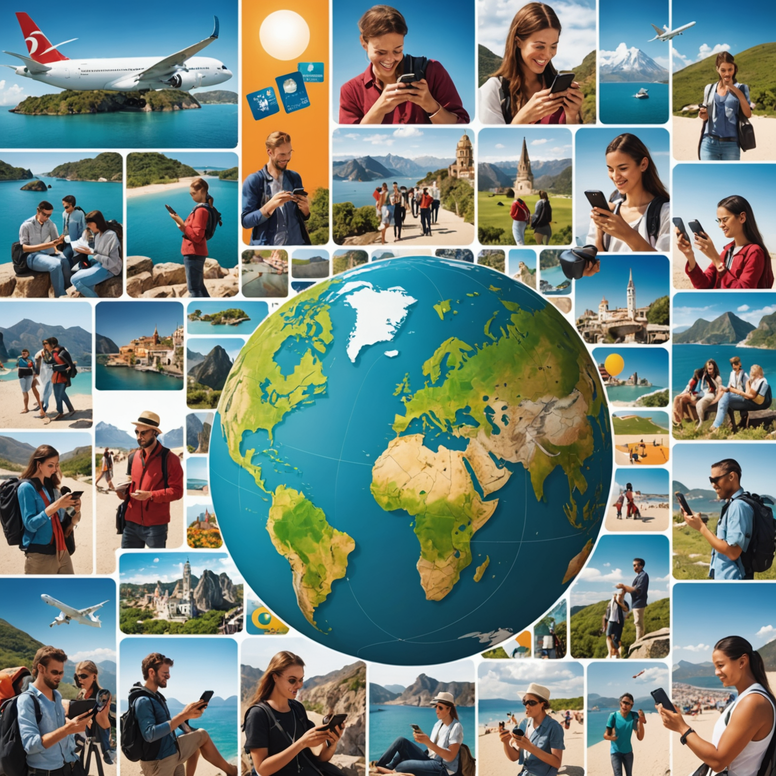 A collage of various travel destinations, people using smartphones, and SIM cards, illustrating the convenience and global connectivity provided by travel SIM card solutions