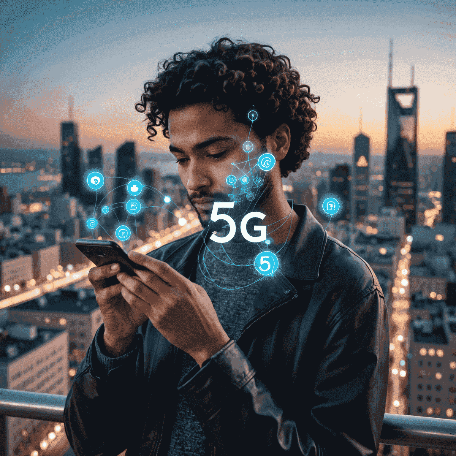 A person using a smartphone with 5G connectivity, with a cityscape and 5G icons in the background