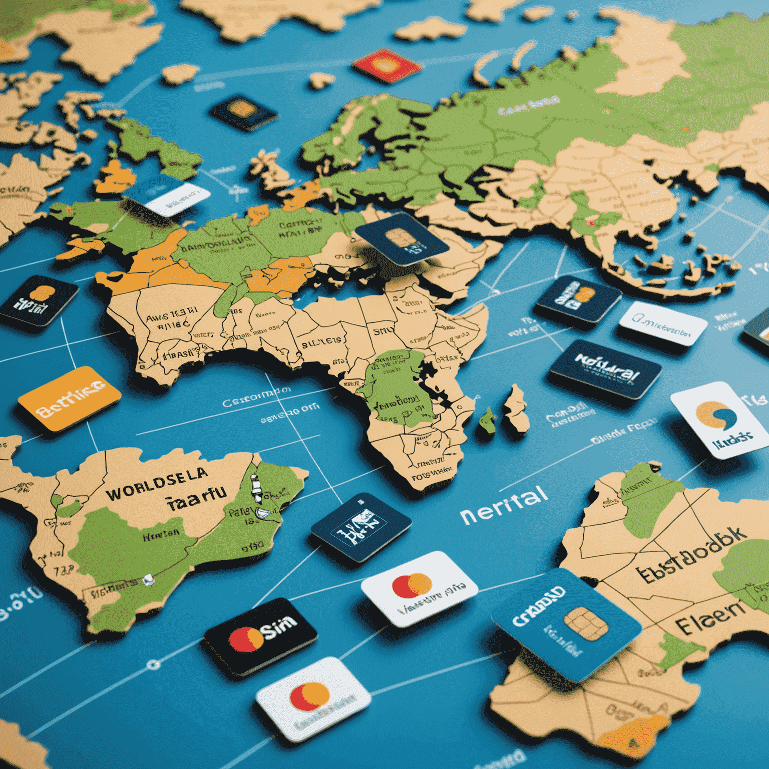 Various travel SIM cards displayed on a world map, showcasing travel SIM card solutions