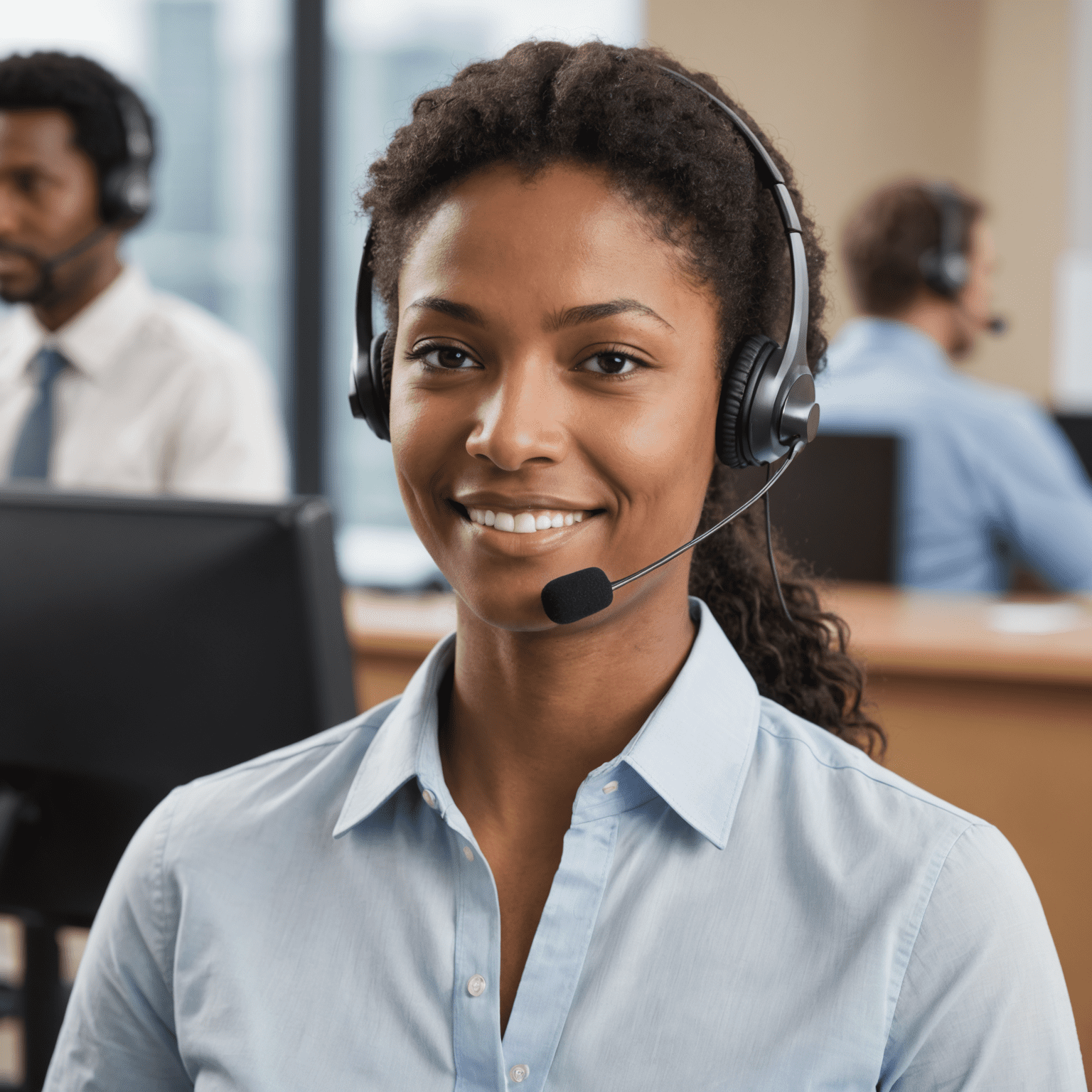 A customer support representative wearing a headset, ready to assist customers 24/7